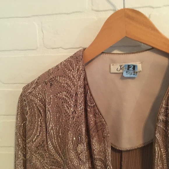 Vintage Formal Cardigan Fairy Bolero Slinky knit Sequin Paisley Taupe Silver L - Picture 2 of 10